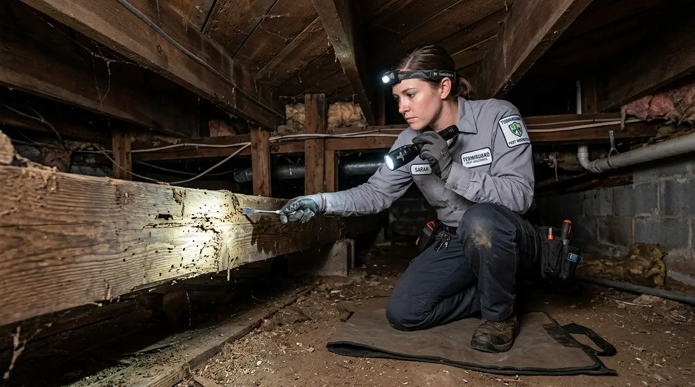 Pest control technician inspecting timber in sub-floor for termites using a moisture meter